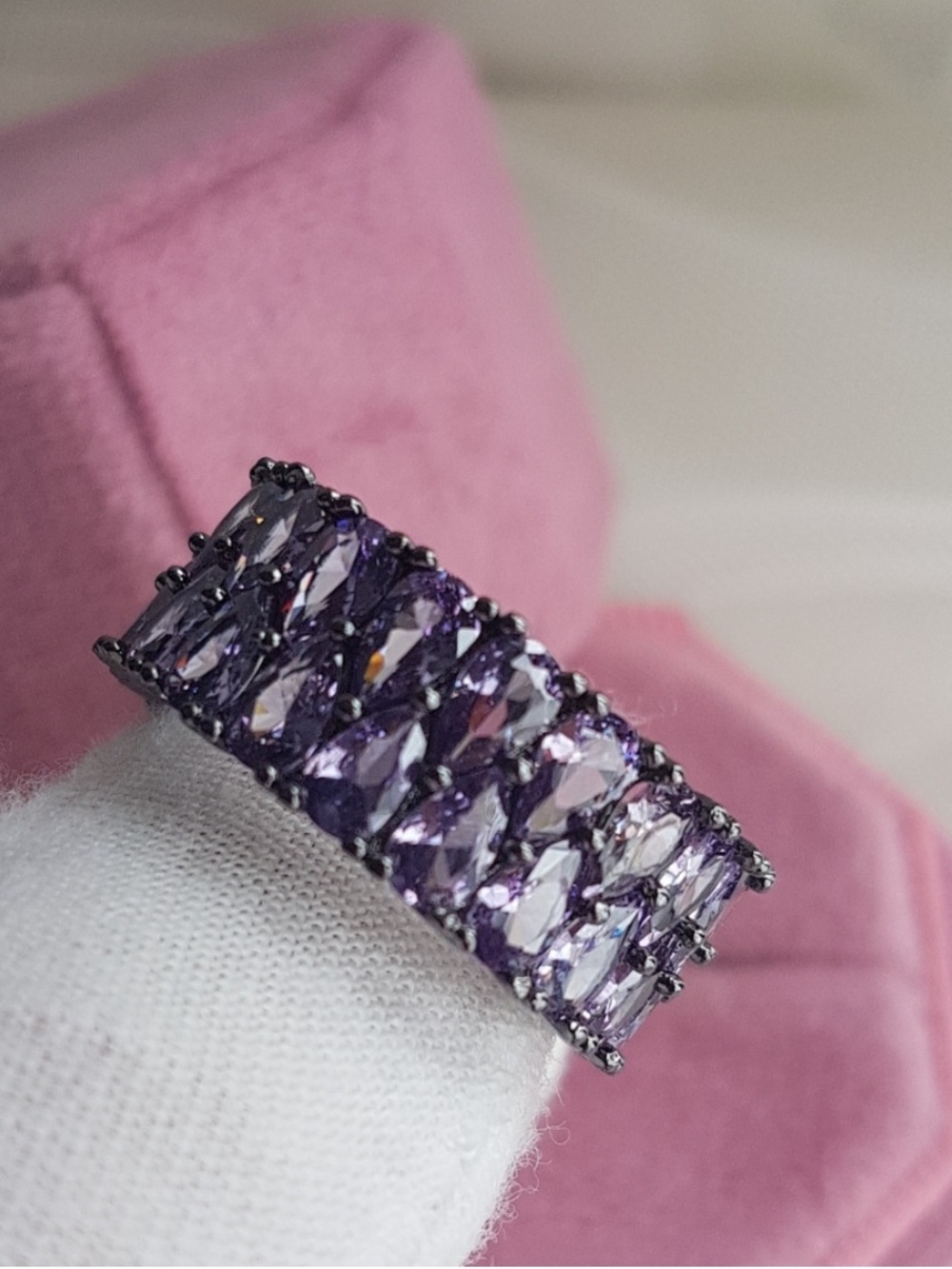 Swarovski Elements Black Finish Amethyst Purple Teardrop Eternity Band Ring NEW